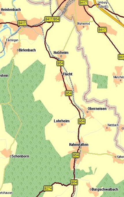 Übersichtskarte: Lage von Diez und Oberneisen an der Aar zwischen Limburg und Hahnstätten, B 54