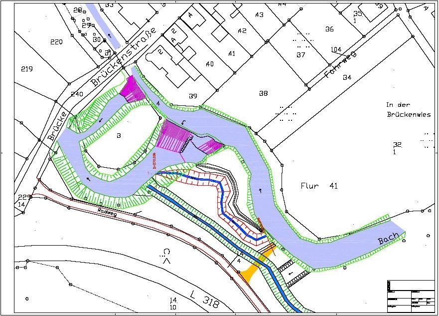 Lageplan Pfeiffersmühle Diez: Aar, Streichwehr, Mühlgraben, neues Umgehungsgerinne, Hochwasserflutmulde, Radweg, Landesstraße L 318
